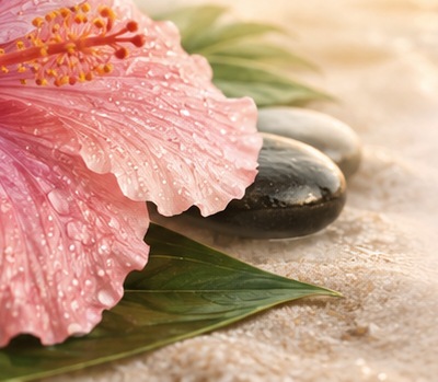 Hibiscusbloem op warme kiezelstenen en zand
